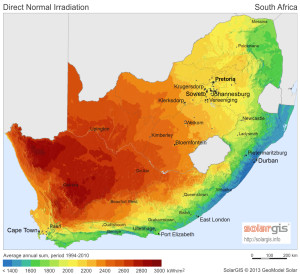 Zuid Afrika heeft veel gebieden met hoge zoninstraling. (Afbeelding: HeliosCSP) Kaart van zoninstraling Zuid Afrika